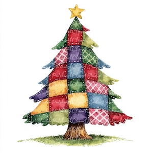 May include: A watercolour illustration of a Christmas tree with a patchwork design. The tree is made of squares of red, blue, green, yellow, and purple fabric. A gold star sits on top, and the tree stands on green grass.