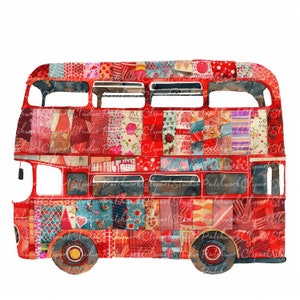 10 dubbeldekkers clipartbundel, png en jpg, afdrukbare patchworkbus, illustraties, digitale download, scrapbooking, quiltafbeelding