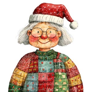 Könnte beinhalten: Eine Aquarell-Illustration einer lächelnden Frau, die einen roten Weihnachtsmann-Hut und einen bunten Patchwork-Pullover trägt.