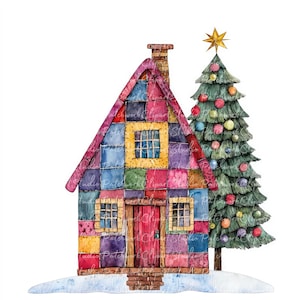 Lot de 10 cliparts maison de Noël mignon, PNG & JPG, patchwork imprimable, illustrations de Noël, téléchargement numérique, travaux manuels de scrapbooking, image de courtepointe