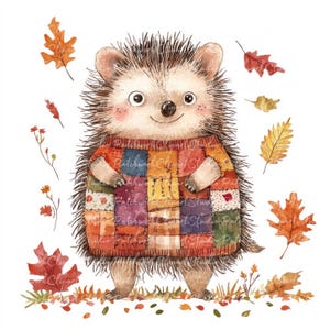 Lot de 10 cliparts hérisson automne, PNG & JPG, patchwork, illustrations de hérisson en automne, téléchargement numérique, travaux manuels de scrapbooking, image de courtepointe