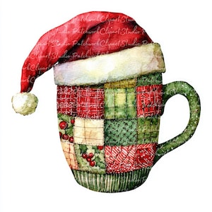 Puede incluir: Una taza de patchwork roja y blanca con un gorro de Papá Noel. La taza está decorada con un diseño de patchwork verde, rojo y blanco.