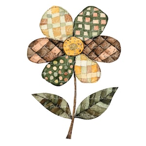 Pacote de 10 clipart de flores verdes e marrons, PNG e JPG, ilustração de flores de patchwork para impressão, download digital, artesanato de scrapbook, imagem de colcha