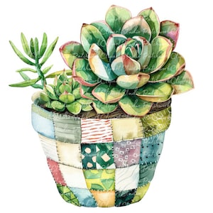 Paquete de 10 imágenes prediseñadas de suculentas en maceta, PNG y JPG, ilustraciones para patchwork imprimibles, descarga digital, manualidades con álbumes de recortes, imágenes de colchas