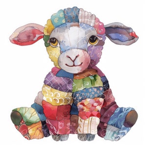 May include: A patchwork lamb toy made of colorful fabric scraps. The lamb has a sweet expression and is sitting with its legs crossed.