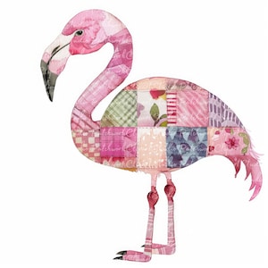May include: A pink flamingo made of patchwork fabric with a variety of colors and patterns. The flamingo is standing on one leg with its head bent down.