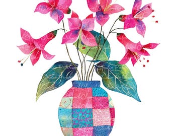 10 Fuchsia Flowers in Vase Clipart Bundle, PNG & JPG, Printable Patchwork Flowers Images, Digital Download, Scrapbook Crafting, Quilt Image
