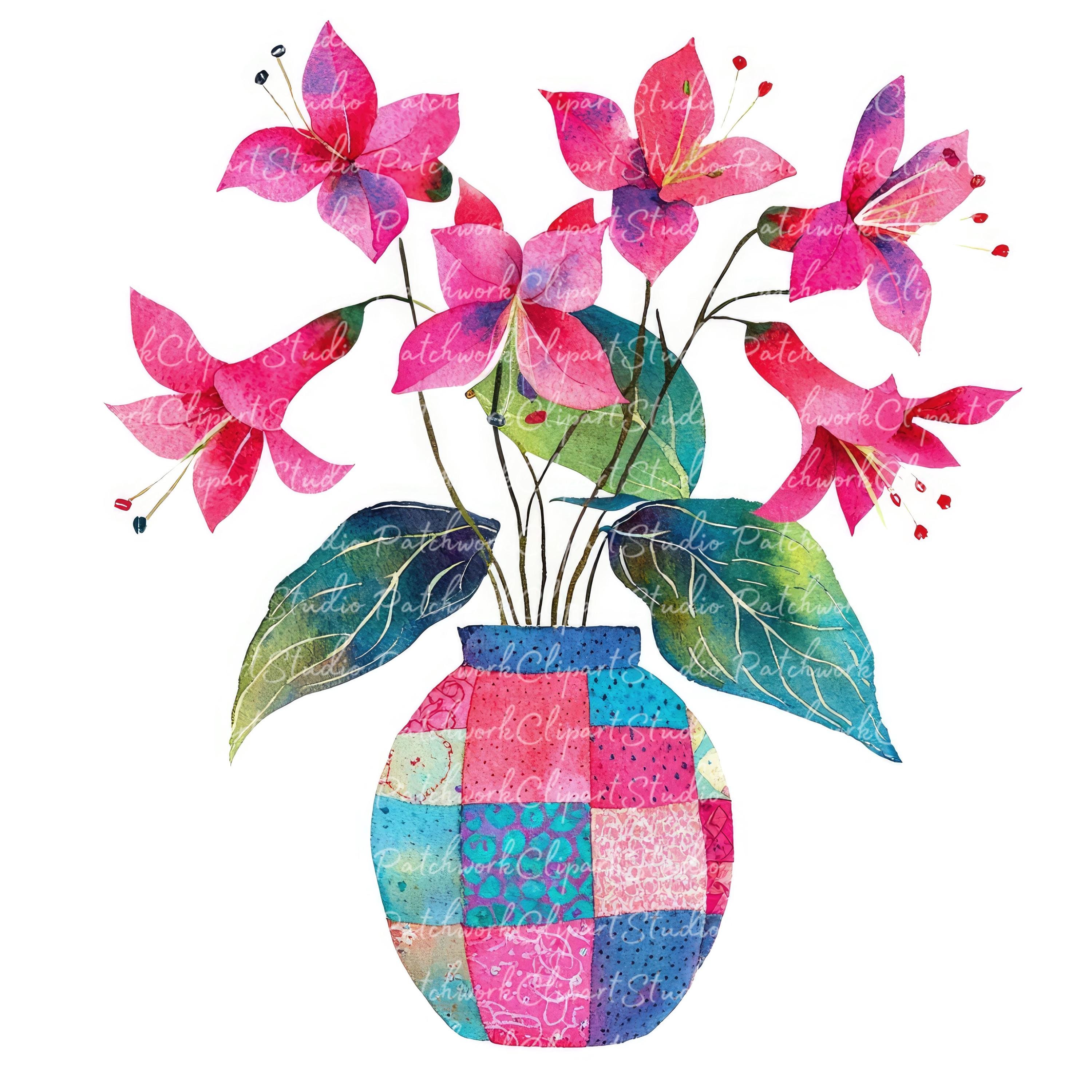 10 Fuchsia Flowers in Vase Clipart Bundle, PNG \u0026 JPG, Printable Patchwork  Flowers Images, Digital Download, Scrapbook Crafting, Quilt Image, image size:3000x3000
