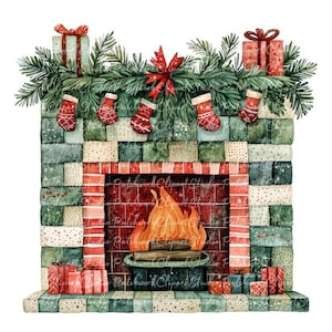 Lot de 10 cliparts cheminée de Noël, PNG & JPG, patchwork imprimable, illustrations de Noël, téléchargement numérique, créations de scrapbooking, image de courtepointe