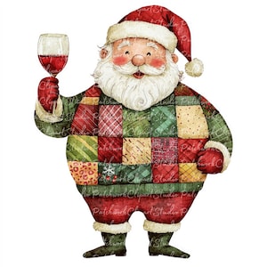 10 kerstman met wijn clipartbundel, png en jpg, afdrukbare patchwork, kerstillustraties, digitale download, scrapbook ambachten, quiltafbeelding