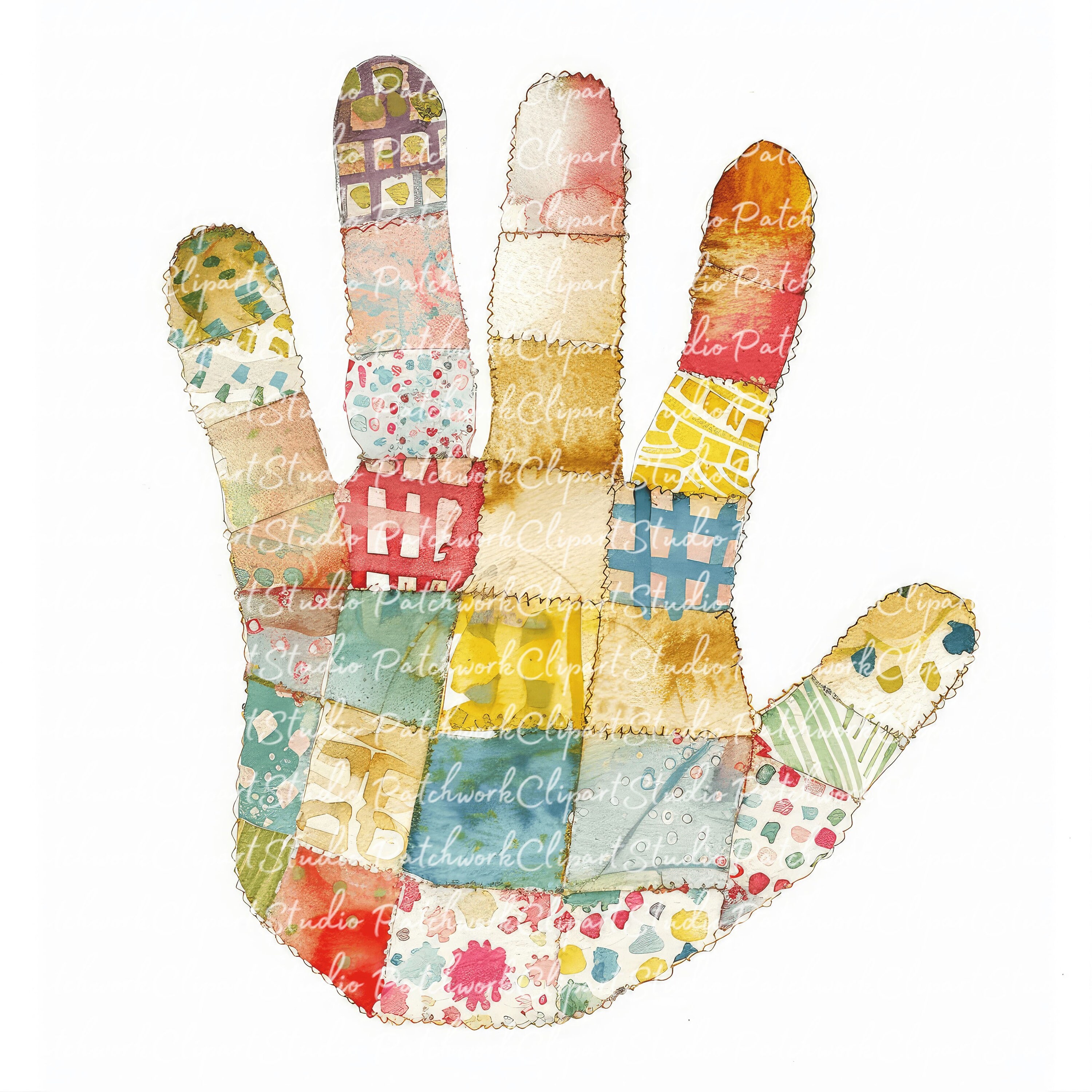 10 Hands Clipart Bundle, Printable Patchwork Hand, Quilted Fabric Illustrations, Hand Digital ...