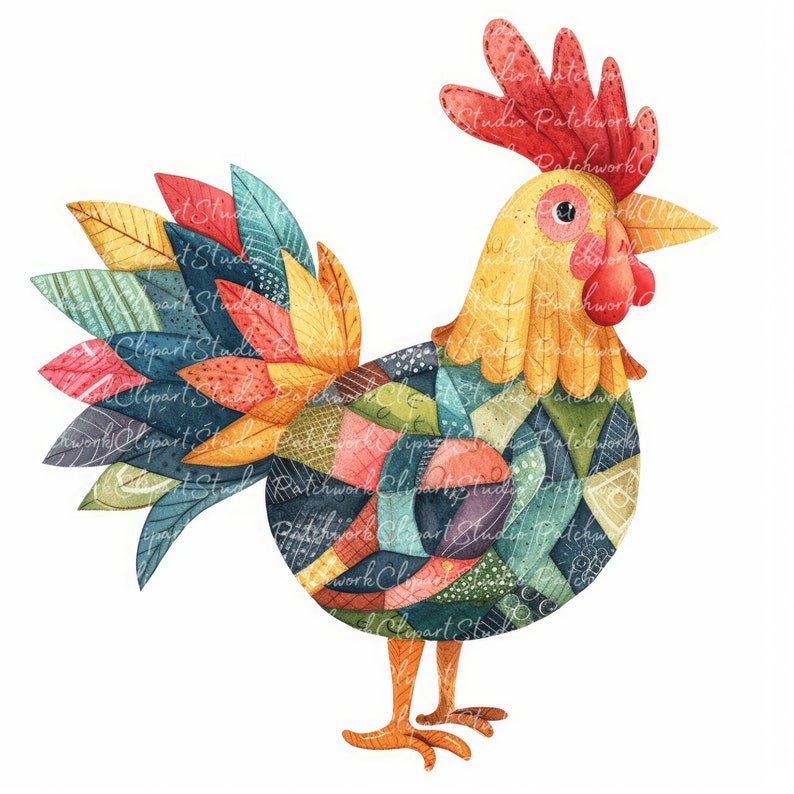 10 Roosters Clipart Bundle, Printable Patchwork Rooster, Quilted Fabric ...