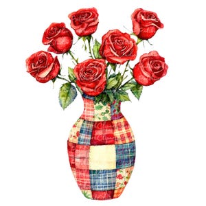 10 rode rozen in vaas clipartbundel, png en jpg, afdrukbare afbeeldingen van patchworkbloemen, digitale download, scrapbooking, afbeelding rode rozen