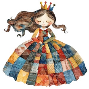 10 prinses clipartbundel, png en jpg, afdrukbare patchwork prinses, illustraties, digitale download, scrapbook crafting, quiltafbeelding