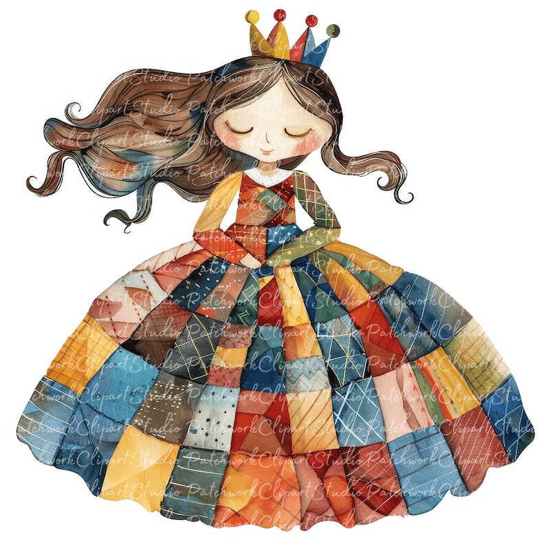 10 Princess Clipart Bundle, PNG & JPG, Printable Patchwork Princess ...
