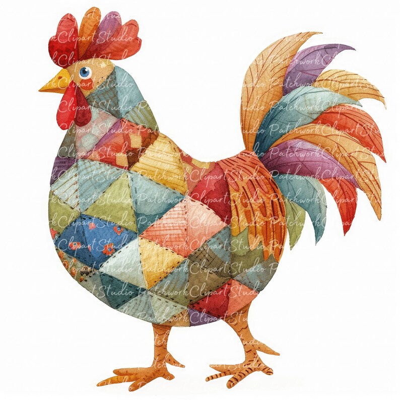 10 Roosters Clipart Bundle, Printable Patchwork Rooster, Quilted Fabric ...