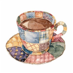 May include: A watercolor illustration of a teacup and saucer. The teacup and saucer are decorated with a patchwork pattern of various colors, including red, blue, yellow, and green. The teacup is filled with brown liquid, and the saucer has a scalloped edge.