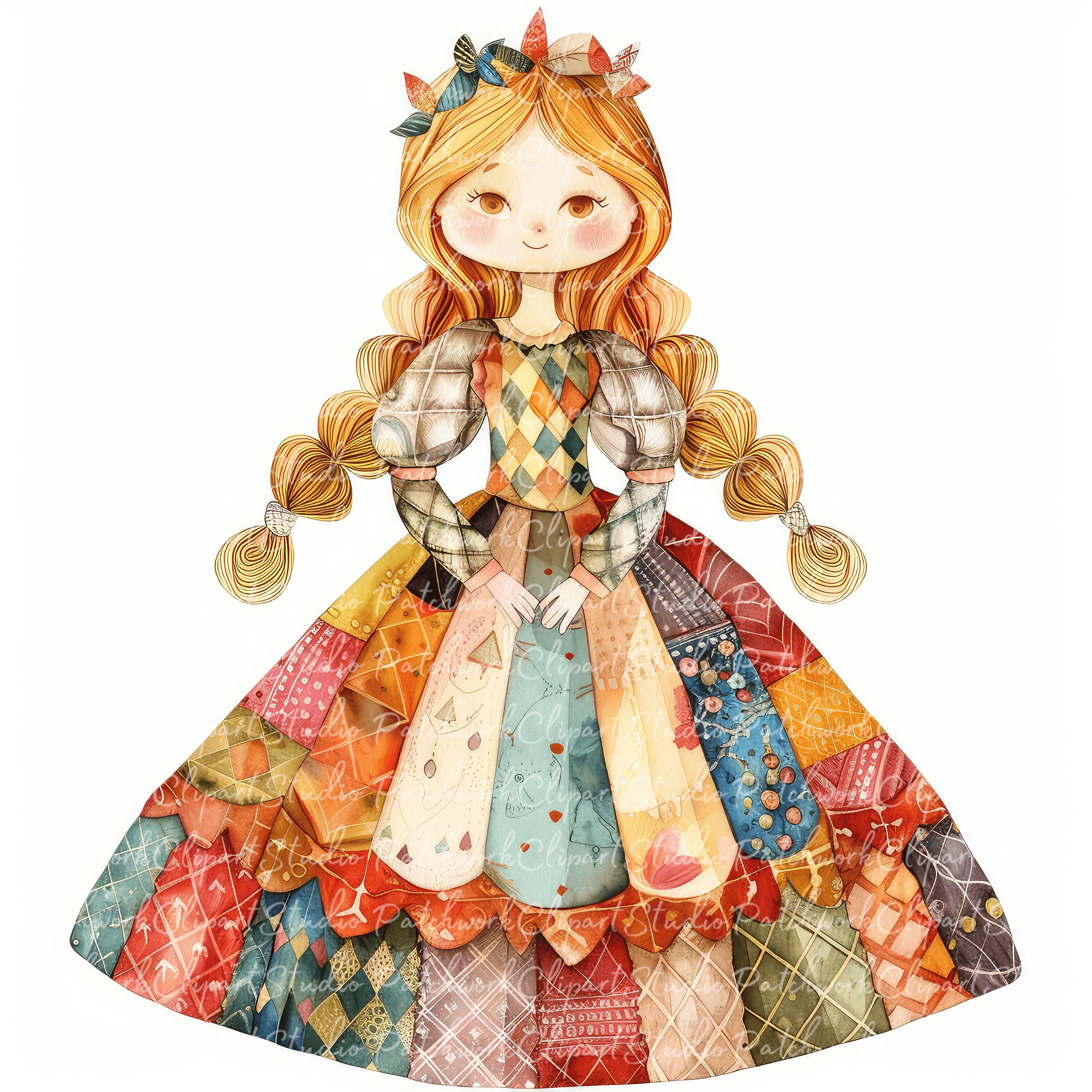 10 Princess Clipart Bundle, PNG & JPG, Printable Patchwork Princess ...