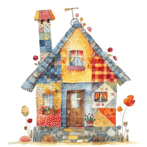 10 Houses Clipart Bundle, PNG & JPG, Printable Patchwork House, Illustrations, Digital Download, Scrapbook Crafting, Quilt Image  House