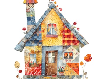 10 Houses Clipart Bundle, PNG & JPG, Printable Patchwork House, Illustrations, Digital Download, Scrapbook Crafting, Quilt Image  House