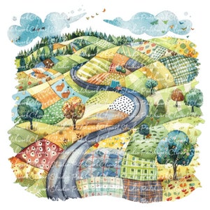 Paquete de 10 imágenes prediseñadas de paisajes (PNG y JPG), ilustraciones de paisajes de patchwork imprimibles, descarga digital, manualidades con scrapbooking, imágenes de colchas
