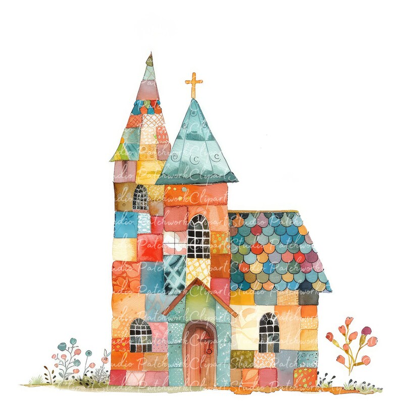 10 Church Clipart Bundle, Printable Patchwork Churches, Cute Quilted