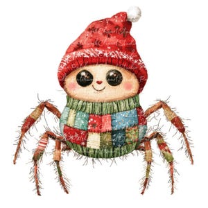 May include: A cute cartoon spider wearing a red and white Santa hat and a colorful patchwork sweater. The spider has eight legs and a smiling face.