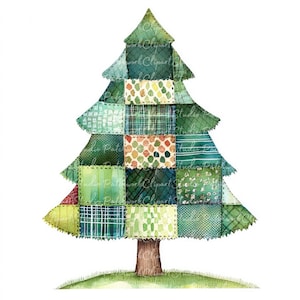 10 dennenboom clipartbundel, png en jpg, afdrukbare patchwork, kerstboomillustraties, digitale download, scrapbook maken, quiltafbeelding