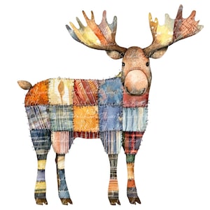 May include: A watercolor illustration of a moose with patchwork-style body. The moose has large antlers with colorful patches of orange, yellow, blue, and brown. The body is made of various fabric squares in similar colors. The moose is standing on a white background.