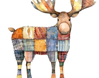 10 Moose Clipart Bundle, PNG & JPG, Printable Patchwork Moose Illustrations, Digital Download, Scrapbook Crafting, Cute Cartoon Moose Image
