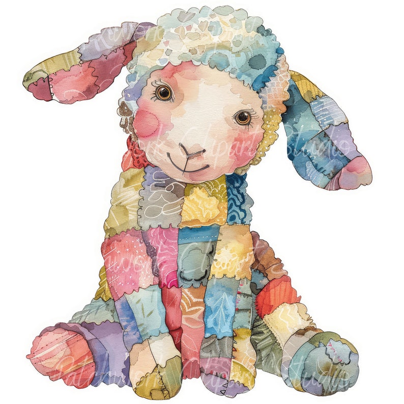 May include: A watercolor painting of a patchwork lamb. The lamb is sitting with its legs crossed and has a sweet expression on its face. The patchwork is made up of different colors and patterns, including blue, green, red, and yellow.