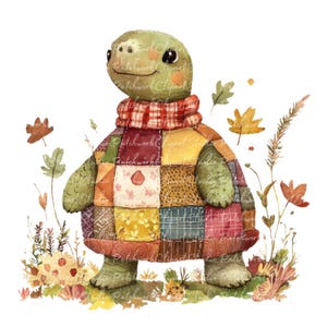 10 Autumn Turtle Clipart Bundle, PNG & JPG, Printable Patchwork, Turtle in Fall Illustration, Digital Download, Scrapbook Crafs, Quilt Image
