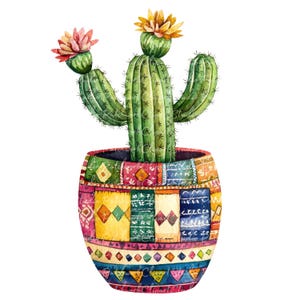 14 Mexican Cactus Clipart Bundle, PNG & JPG, Printable Patchwork Illustrations, Digital Download, Mexico Images, Mexican Folk Art Cactus