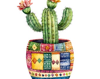 14 Mexican Cactus Clipart Bundle, PNG & JPG, Printable Patchwork Illustrations, Digital Download, Mexico Images, Mexican Folk Art Cactus