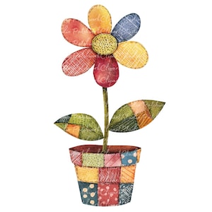 Puede incluir: Una ilustración acuarela caprichosa de una flor de retazos en una maceta de retazos. La flor tiene pétalos coloridos en tonos de rojo, amarillo y azul, con un centro amarillo texturizado. Las hojas y la maceta también son de retazos, creando un encanto artesanal.