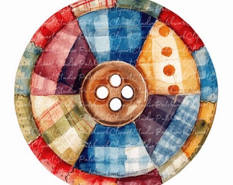 10 Buttons Clipart Bundle, PNG & JPG, Printable Patchwork Button, Illustrations, Digital Download, Scrapbook Crafting, Quilt Image