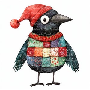 Pacote de 10 clipart de corvo de Natal, PNG e JPG, Patchwork para impressão, Ilustrações, Download digital, Artesanato para scrapbook, Imagem de colcha, Pássaro preto