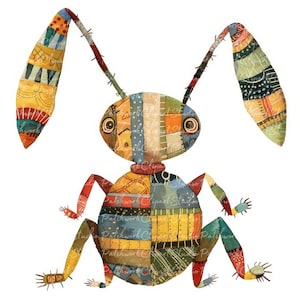 May include: A whimsical, colourful, patchwork-style illustration of a rabbit with long ears. The rabbit is made up of various fabric scraps in shades of blue, yellow, red, green, and brown. The rabbit's eyes are large and black, and its mouth is a simple line.