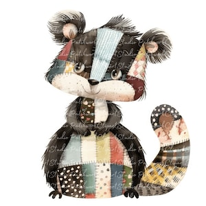 Könnte beinhalten: Ein fantasievoller Patchwork-Waschbär mit braunem und schwarzem Fell, einem weißen Gesicht und einem langen, gekräuselten Schwanz. Der Waschbär ist aus verschiedenen Stoffresten in verschiedenen Farben zusammengenäht, die mit einem Zickzack-Stich verbunden sind.