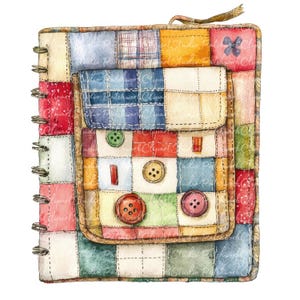 Peut inclure: Un carnet en patchwork coloré avec une grande poche sur le devant. Le carnet a une reliure spirale et est décoré de boutons et de coutures.