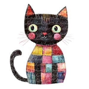 May include: A whimsical illustration of a black cat with large green eyes, pink cheeks, and a patchwork quilt-style body. The cat has a pink collar and a black tail. The image has the text "Patchwork Clipart Studio".