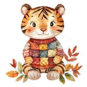 May include: A watercolor illustration of a cute tiger wearing a colorful patchwork sweater. The tiger is sitting on a white background with autumn leaves behind it.