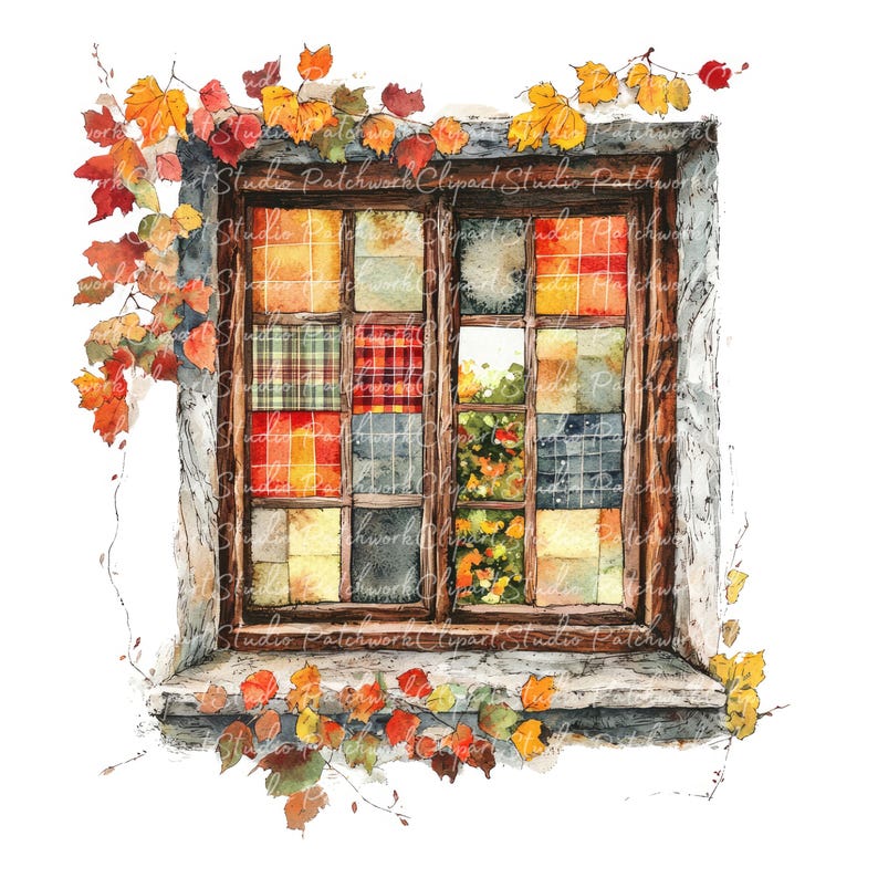 Patchwork Designs Window 10 Autumn Window Clipart Bundle, PNG & JPG, Printable Patchwork, Fall ...