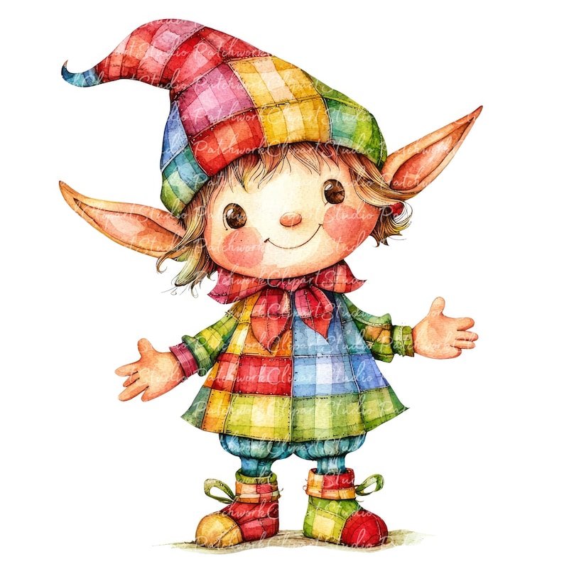 10 Elf Clipart Bundle, PNG & JPG, Printable Patchwork Christmas Elf ...
