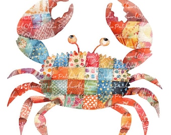 10 Crabs Clipart Bundle, PNG & JPG, Printable Patchwork Crab, Sea Creature, Illustrations, Digital Download, Scrapbook Crafting, Quilt