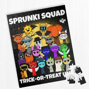 Sprunki Squad Trick-or-Treat puzzle assembled on a white wood surface. Bright Halloween characters in colorful costumes with black background.