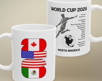 2026 World Cup Soccer Mug, Coffee Cup with Canada USA Mexico Hosts, Football Fan Gift for Sports Lovers