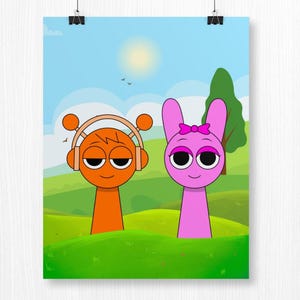 Sprunki Kids Poster: Pinki and Oren, Custom Name Print, Playroom Decor, Personalized Kids Birthday Gift