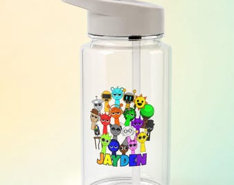 Botella de agua Sprunki personalizada: Botella de agua infantil personalizada con pajita, regalo de cumpleaños Sprunki para niños.