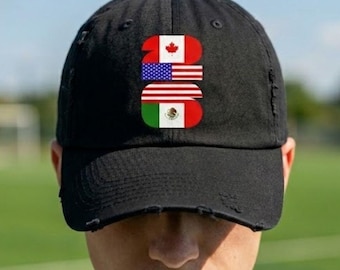 2026 World Cup Distressed Cap, Soccer Dad Hat, Canada USA Mexico Flags, Football Fan